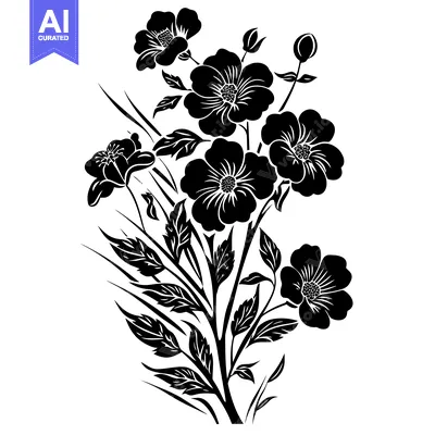 Aset desain premium: Black and White Silhouettes of a Bouquet of Flowers