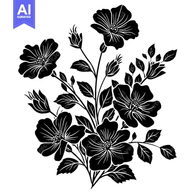 Aset premium populer: Black and White Silhouette of Blooming Flowers and Buds
