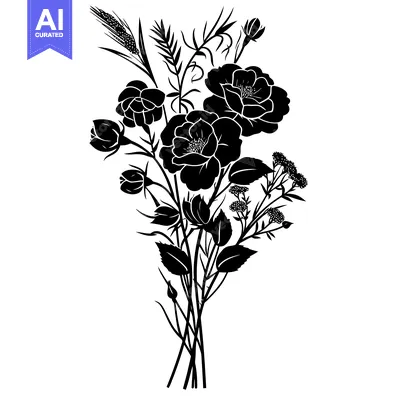 Aset desain premium: Black and White Silhouette of a Bouquet of Flowers and Wheat