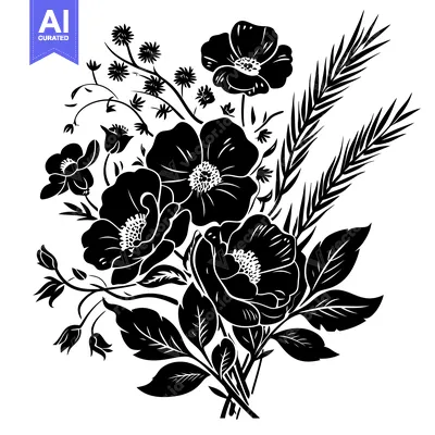 Aset desain premium: Black and White Floral Bouquet with Poppies and Wheat