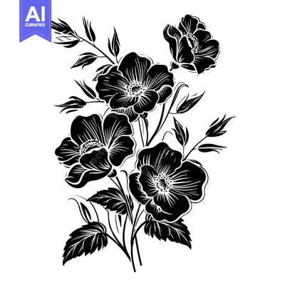 Aset desain premium: Black and white silhouette of a flower bouquet with three flowers and