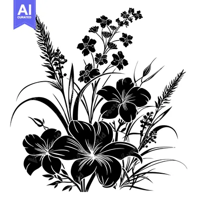 Premium design asset: Black and White Silhouette of Flowers and Grass