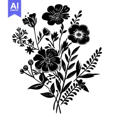 Aset premium populer: Black and White Silhouette of a Floral Bouquet