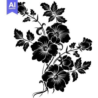 Premium design asset: Black and White Silhouette of a Flower Bouquet with Roses and Foliage