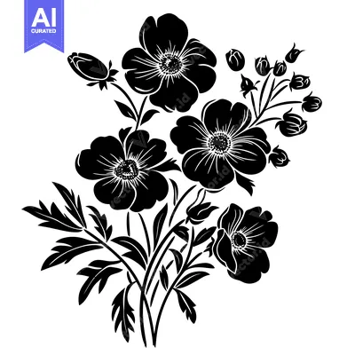 Aset premium populer: Black and White Silhouette of a Flower Bouquet with Buds and Stems