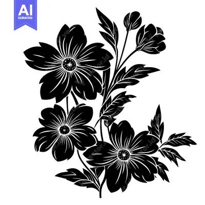 Aset desain premium: Black and White Silhouette of a Floral Bouquet