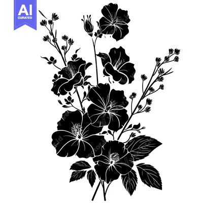 Aset premium populer: Black and White Silhouette of a Blooming Flower Bouquet