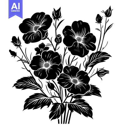 Aset premium populer: A Silhouette of Five Black Roses in Full Bloom with Buds and Leaves