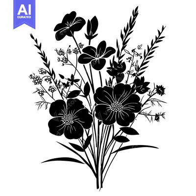 Aset premium populer: Black and White Silhouette of a Bouquet of Flowers and Grass