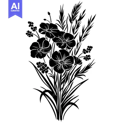 Aset premium populer: A Black and White Silhouette of a Flower Bouquet with Grass
