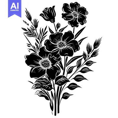 Aset desain premium: Black and White Silhouette of Flowers and Wheat