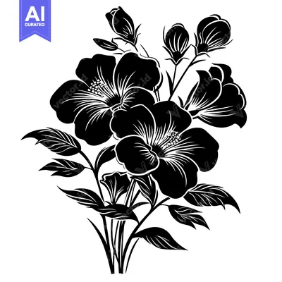 Aset desain premium: Black and White Silhouette of a Flower Bouquet with Five Blossoms