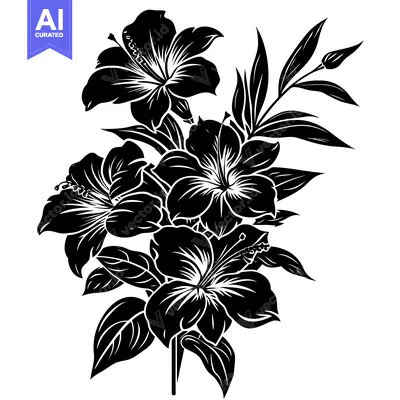 Aset premium populer: Black and White Silhouette of Hibiscus Flowers and Leaves