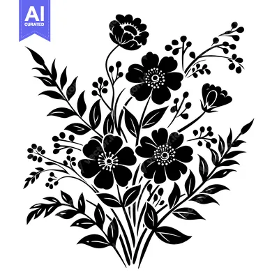 Aset desain premium: Black and White Silhouette of a Flower Bouquet