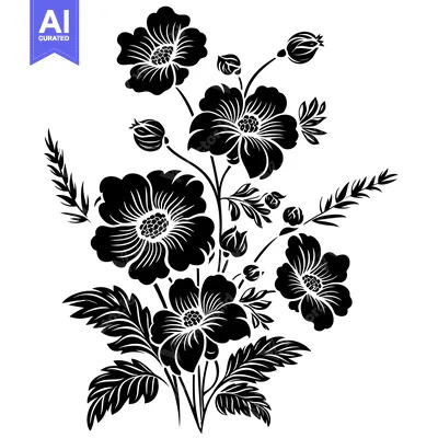 Aset premium populer: Black and White Silhouette of a Floral Bouquet with Six Flowers and Fo