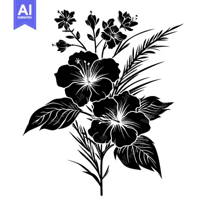 Aset premium populer: Black and White Silhouetted Bouquet of Hibiscus Flowers and Foliage