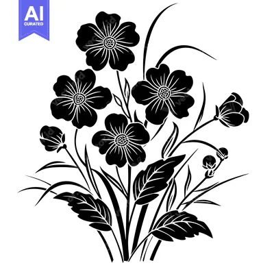 Aset premium populer: Black and White Floral Silhouette with Five Flowers