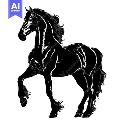 Aset desain premium: Black and White Silhouette of a Horse with Long Mane and Tail