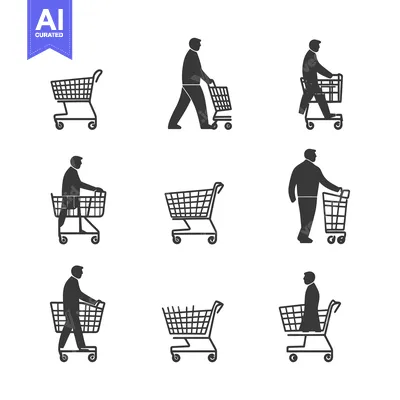 Silhouette Icons of People Pushing Shopping Carts