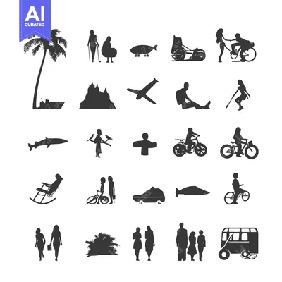 Silhouette Icons of Transportation, People, and Nature