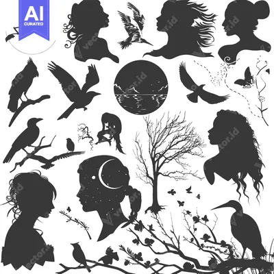 Silhouette Illustration Featuring Women, Birds, and Trees