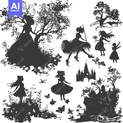 Aset desain premium: Silhouette Illustration of a Fairytale World with Princesses and a Cas
