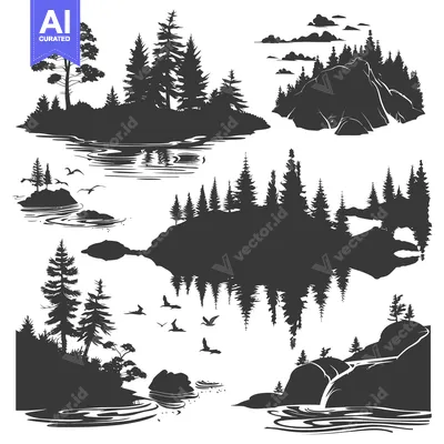 Aset premium populer: Silhouette Illustration of a Forest, Lake, and Mountains
