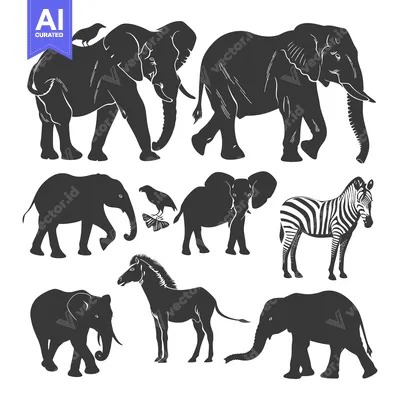 Aset premium populer: Silhouette Illustration of African Wildlife with Elephants, Zebras, an