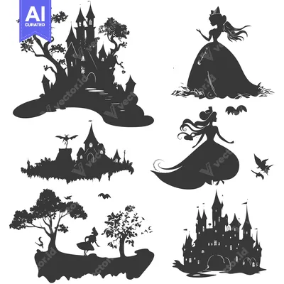 Silhouette Illustration of a Princess, a Castle, and a Tree