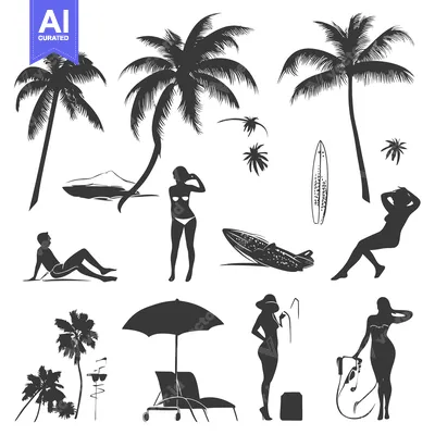 Silhouette Illustration of Beach and Summer Vacation Elements