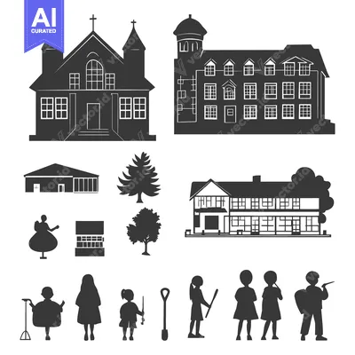 Silhouette Illustration of Buildings, Trees, and People