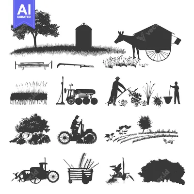 Aset desain premium: Silhouette Illustration of Farm Scenes with Animals, People, and Equip