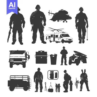 Aset premium populer: Silhouette Illustration of Firefighters and Equipment