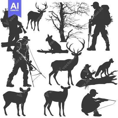 Silhouette Illustration of Hunters, Deer, and Other Wildlife