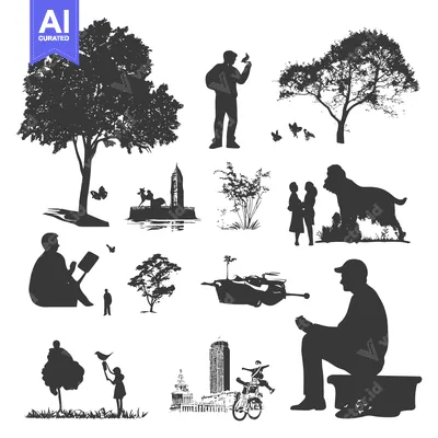 Aset desain premium: Silhouette Illustration of People and Nature in an Urban Setting