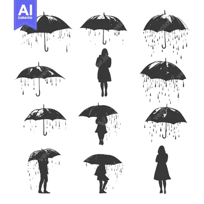 Aset desain premium: Silhouette Illustration of People Under Umbrellas in the Rain