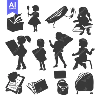 Silhouette Illustration of School Children and School Supplies
