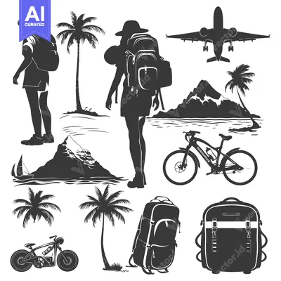 Aset premium populer: Silhouette Illustration of Travel Essentials and Tropical Scenery