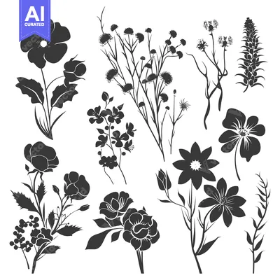 Silhouette Illustration of Various Flowers and Plants