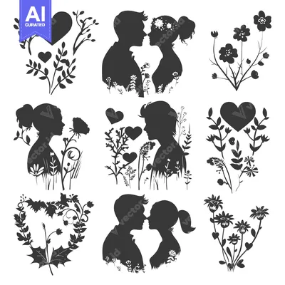 Silhouette Illustrations of a Couple in Love with Floral Elements