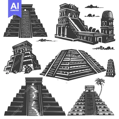 Silhouette Illustrations of Ancient Mayan Pyramids and Temples