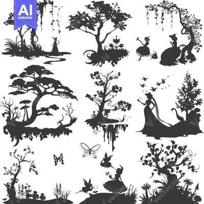Premium design asset: Silhouette Illustrations of Fairies, Trees, and Flowers