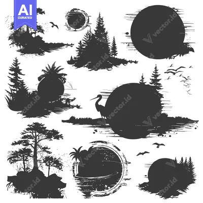 Silhouette Illustrations of Trees, Birds, and Circles with Grunge Text
