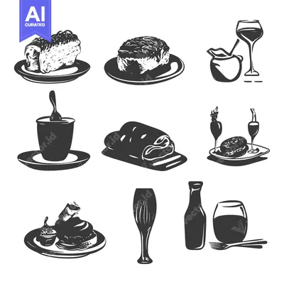 Aset desain premium: Silhouette Illustrations of Various Foods and Drinks on Plates and Gla