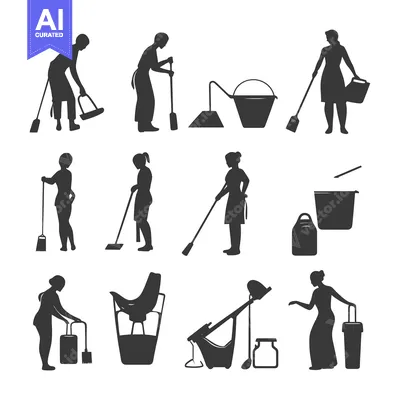 Silhouette Illustrations of Women Cleaning with Various Tools