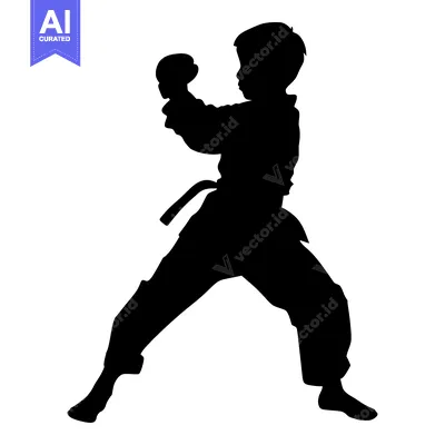Aset premium populer: Silhouette of a Young Karate Practitioner in a Fighting Stance
