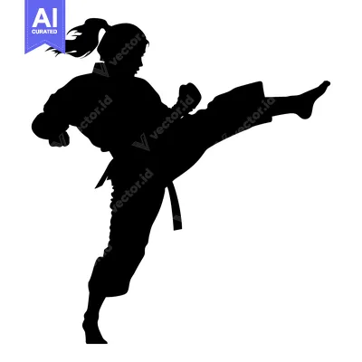 Aset desain premium: Silhouette of a Woman Executing a High Kick in a Martial Arts Stance