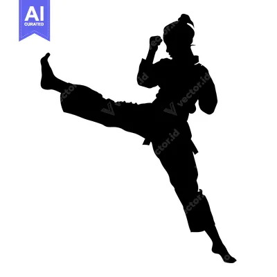 Aset desain premium: Silhouette of a Woman Performing a High Kick in a Martial Arts Stance