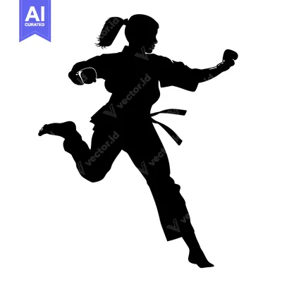 Premium design asset: Silhouette of a woman in a karate pose with a ponytail