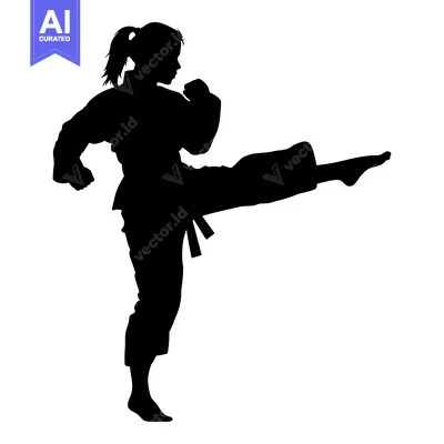 Aset desain premium: Silhouette of a female martial artist executing a powerful kick